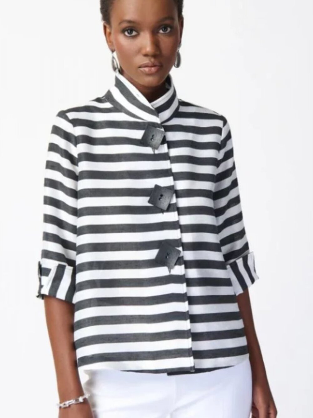 NWT! Joseph Ribkoff Square Button Striped Trapeze Black Off White Jacket Size 8